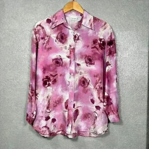 VINTAGE 90s 100% Pure Silk Pink Floral Button Up Blouse White Stitch Women Smal